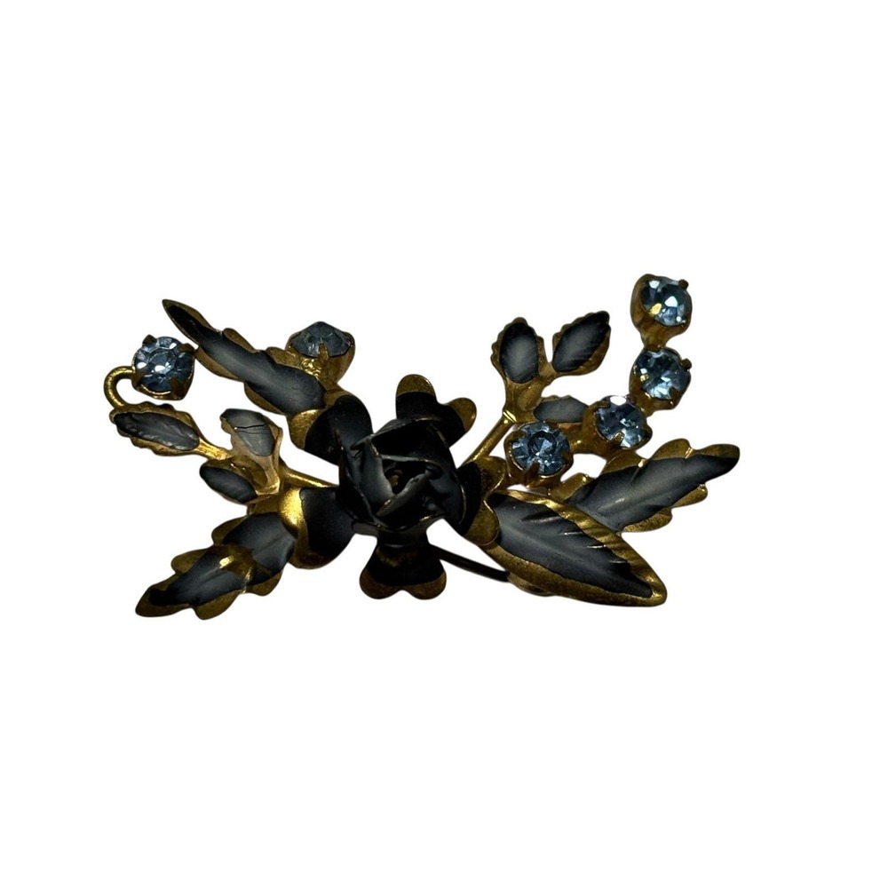 Vtg Signed Austria Blue Enamel Flower Brooch w/ Rhinestones Gold Tone 2"